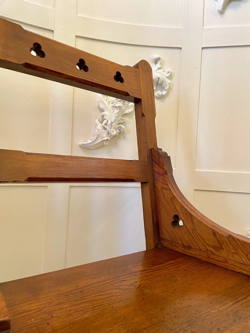 Unusual Antique Set of Twelve Gothic Pitch Pine Dining Chairs - Image 7